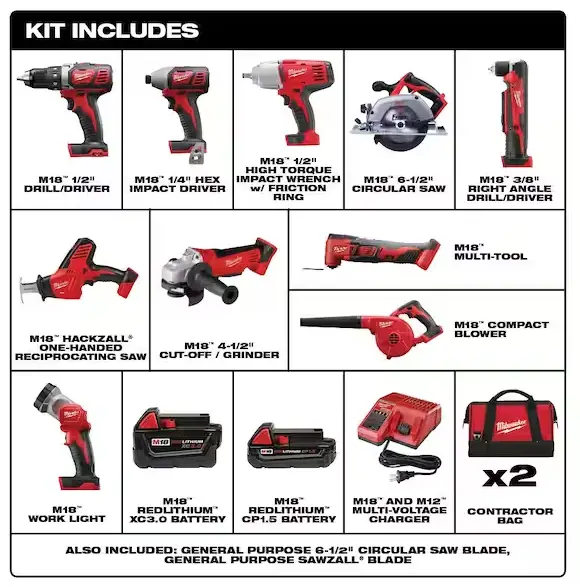 Milwaukee M18 18V 10-Tool Cordless Combo Kit – Includes Batteries, Charger, and Full Range of Professional Power Tools
