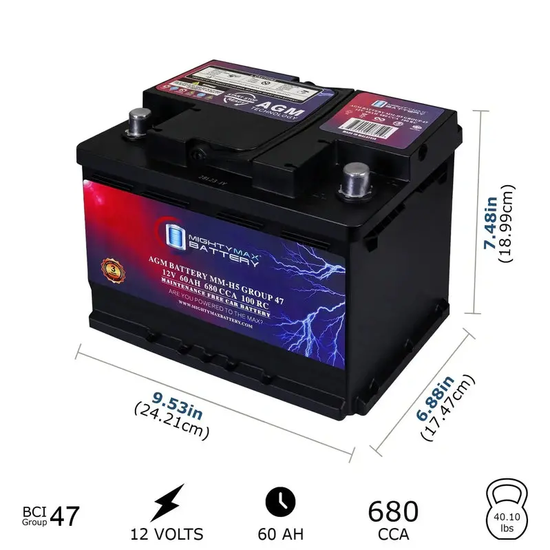 MM-H5 AGM Automotive Battery – 12V, 60Ah, 100 Reserve Capacity, 680 CCA, BCI Group 47