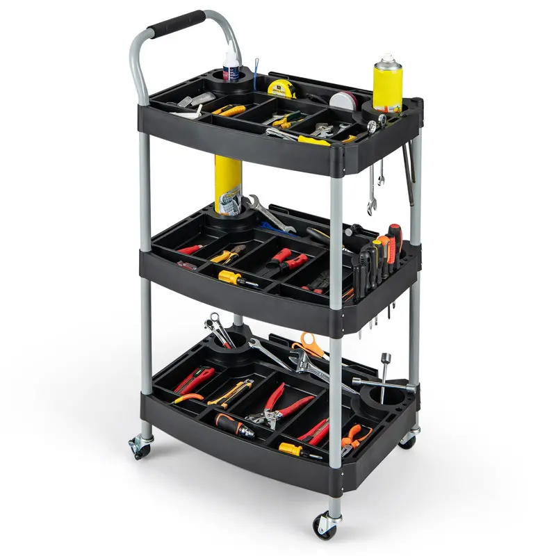 Mobile 3-Tier Tool Cart with Locking Casters and Organized Storage Compartments