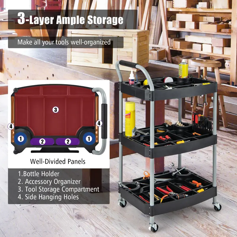 Mobile 3-Tier Tool Cart with Locking Casters and Organized Storage Compartments 2