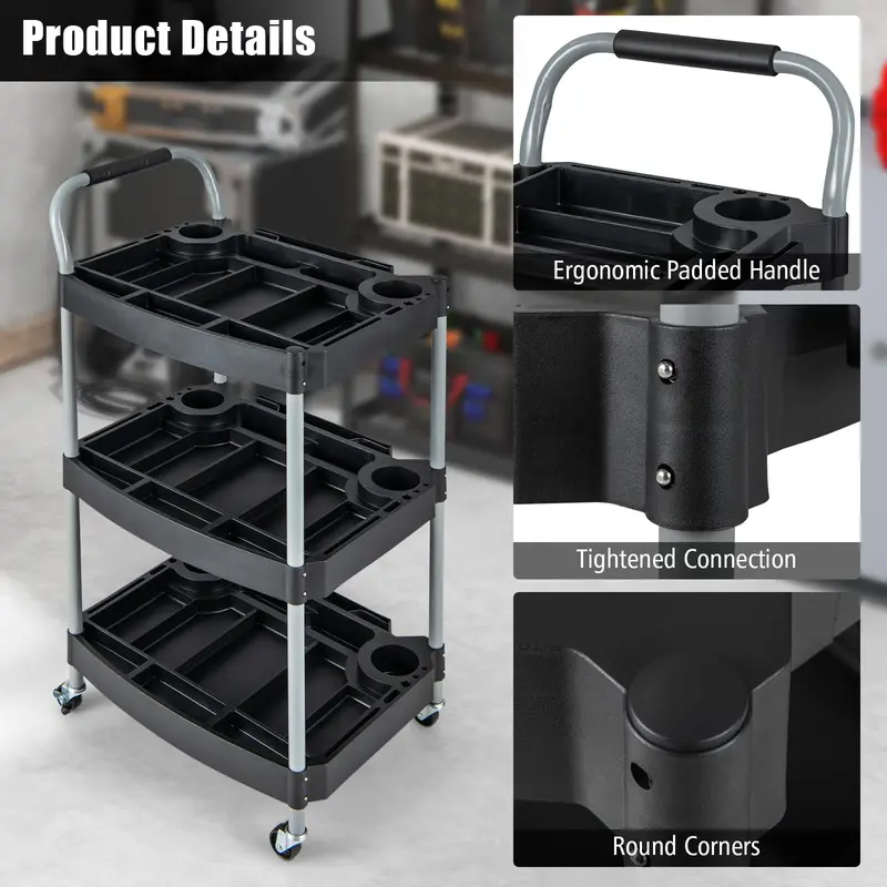 Mobile 3-Tier Tool Cart with Locking Casters and Organized Storage Compartments