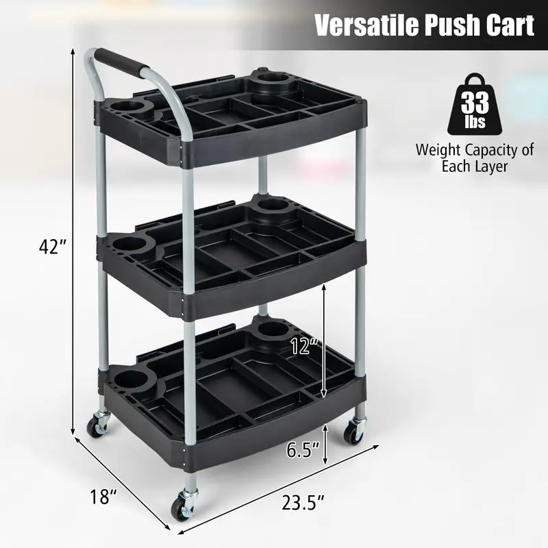 Mobile 3-Tier Tool Cart with Locking Casters and Organized Storage Compartments