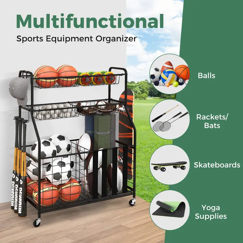 Mobile Sports Equipment Organizer – Wheeled Ball Rack for Garage or Gym Storage