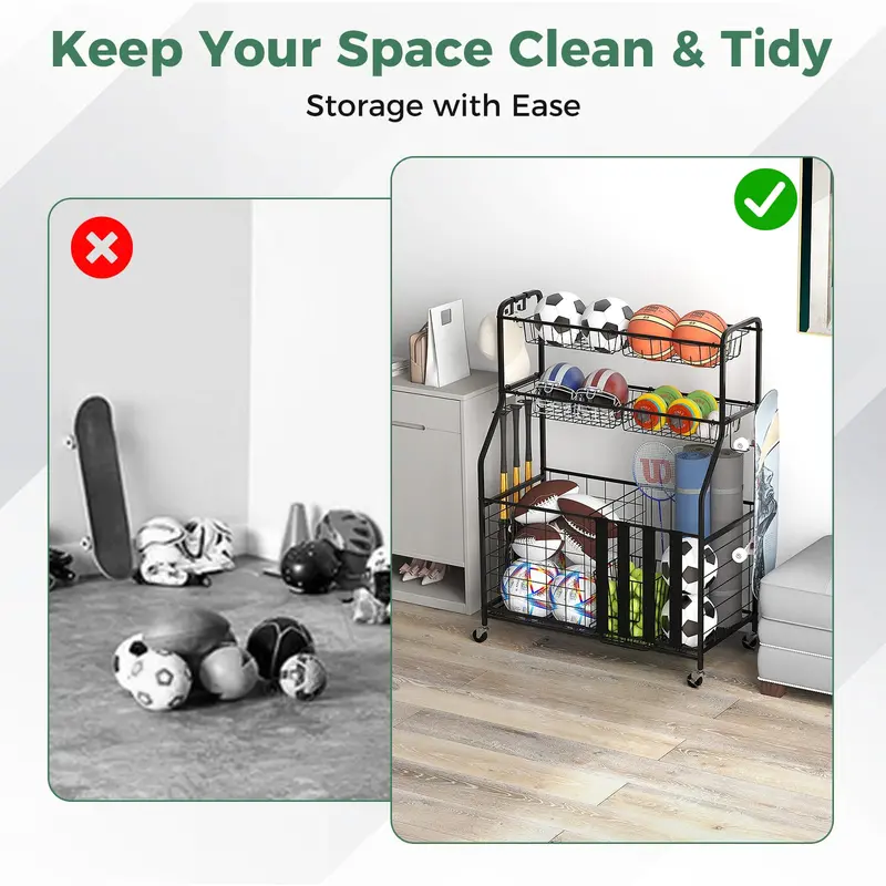 Mobile Sports Equipment Organizer – Wheeled Ball Rack for Garage or Gym Storage