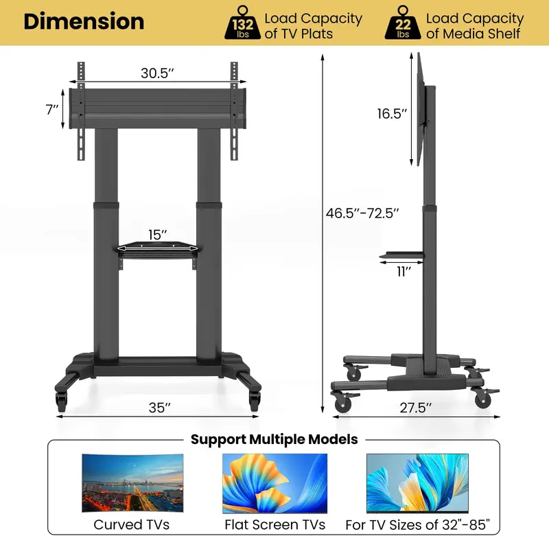 Mobile TV Stand Compatible with 32"–85" Flat or Curved Screens and VESA 400×700mm Mounting