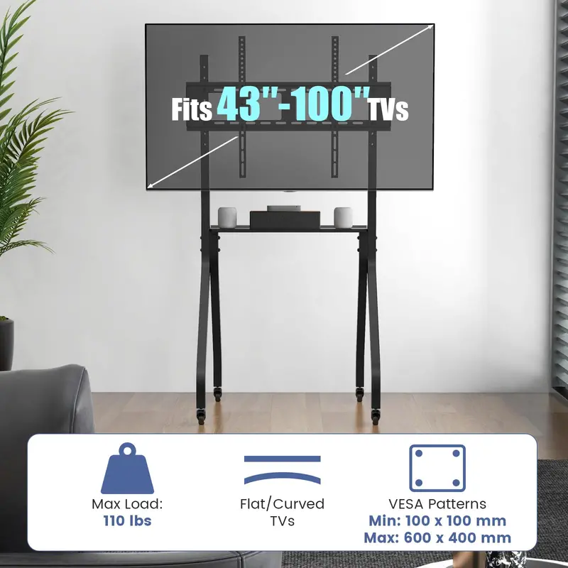 Mobile TV Stand on Casters – Adjustable Rolling Cart for 43"–100" Flat or Curved TVs (Up to 110 lbs), VESA 600x400 mm Compatible