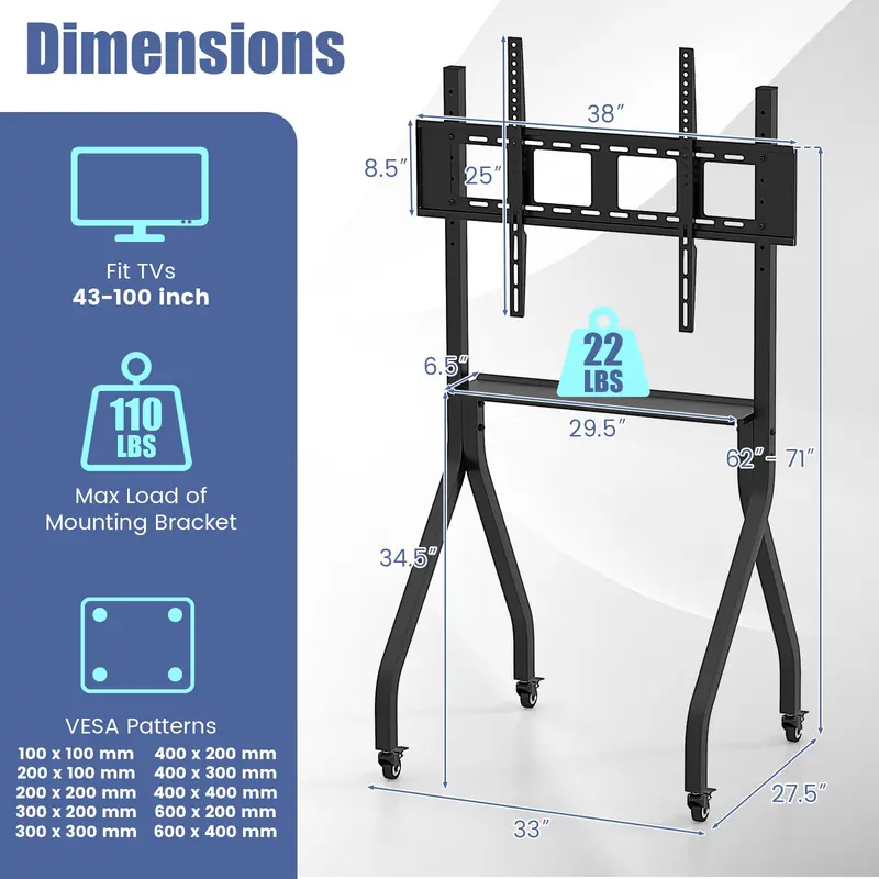 Mobile TV Stand on Casters – Adjustable Rolling Cart for 43"–100" Flat or Curved TVs (Up to 110 lbs), VESA 600x400 mm Compatible