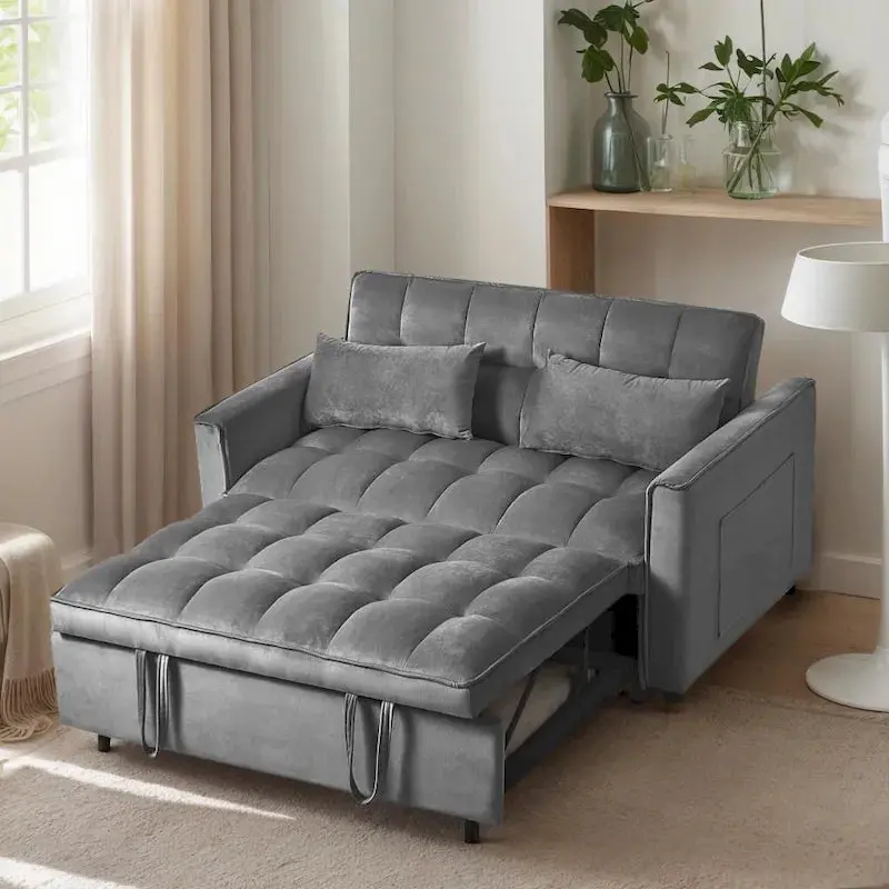 Modern Velvet Futon Loveseat – 2-Seater with Reclining Backrest & Storage Pockets 2
