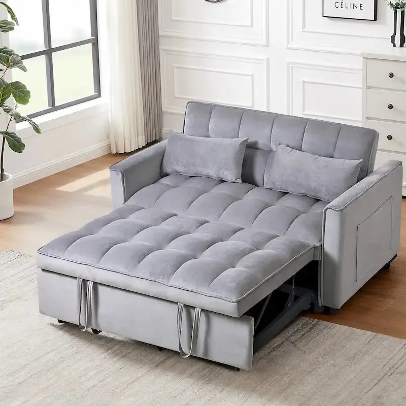 Modern Velvet Futon Loveseat – 2-Seater with Reclining Backrest & Storage Pockets