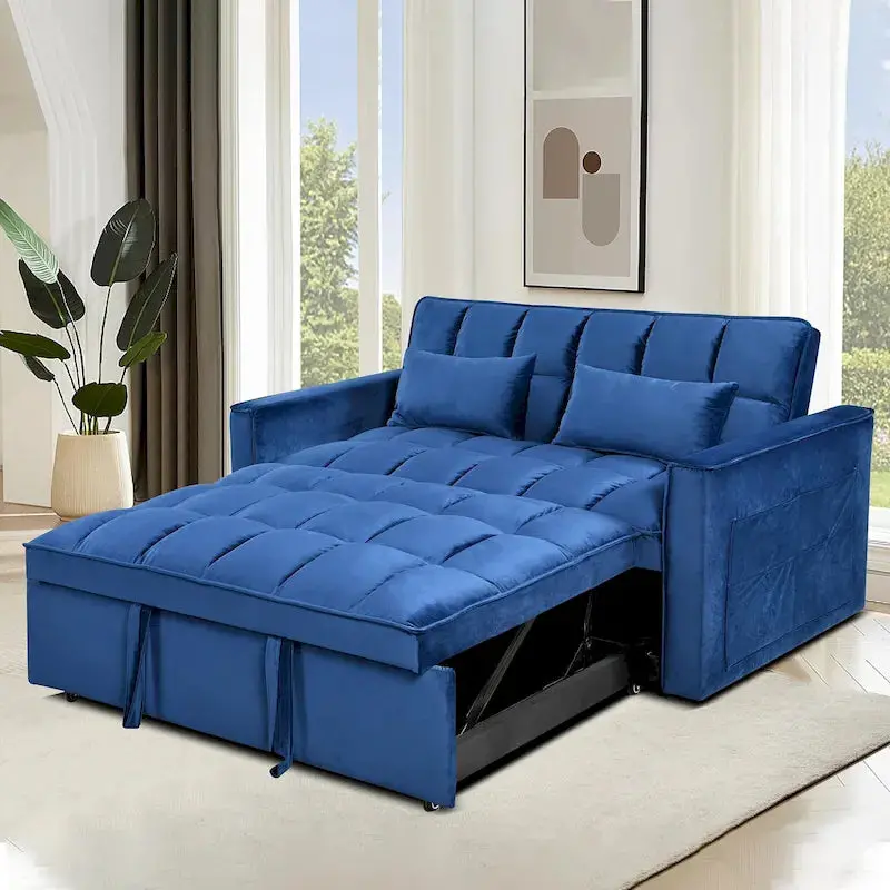 Modern Velvet Futon Loveseat – 2-Seater with Reclining Backrest & Storage Pockets
