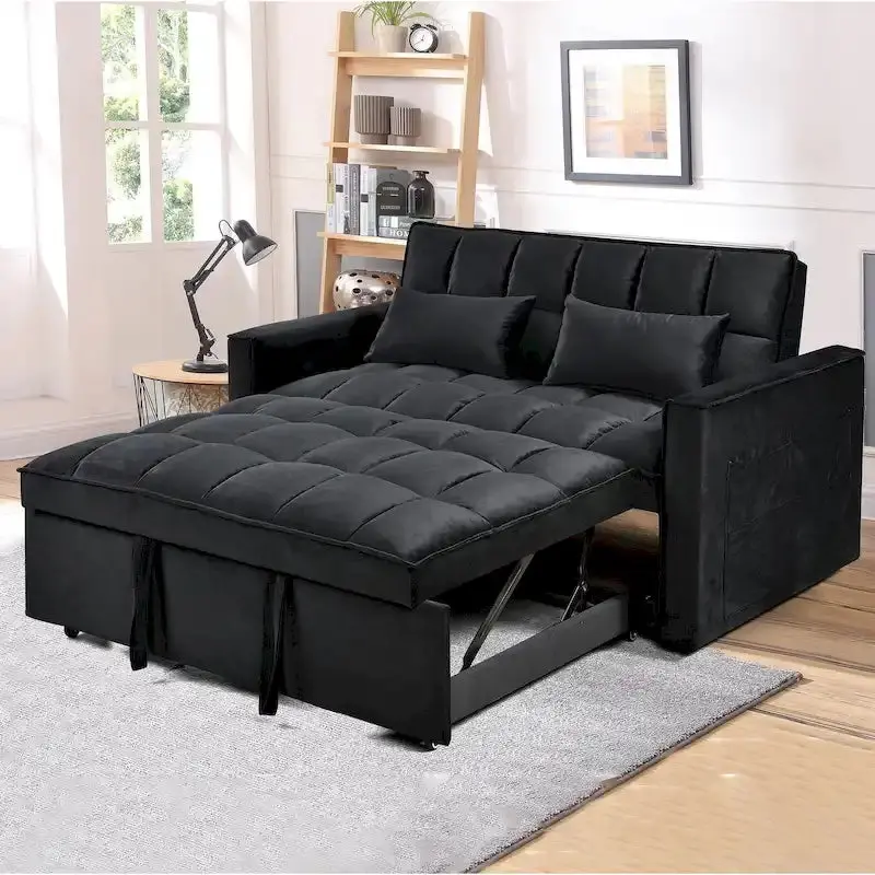Modern Velvet Futon Loveseat – 2-Seater with Reclining Backrest & Storage Pockets