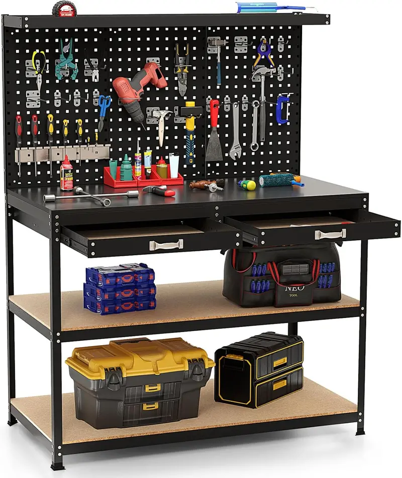 Modular Workbench with Storage, 48" x 24" Heavy-Duty Work Table Featuring Drawer, Pegboard & Accessory Hooks