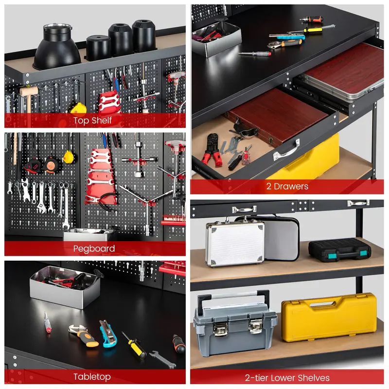 Modular Workbench with Storage, 48" x 24" Heavy-Duty Work Table Featuring Drawer, Pegboard & Accessory Hooks