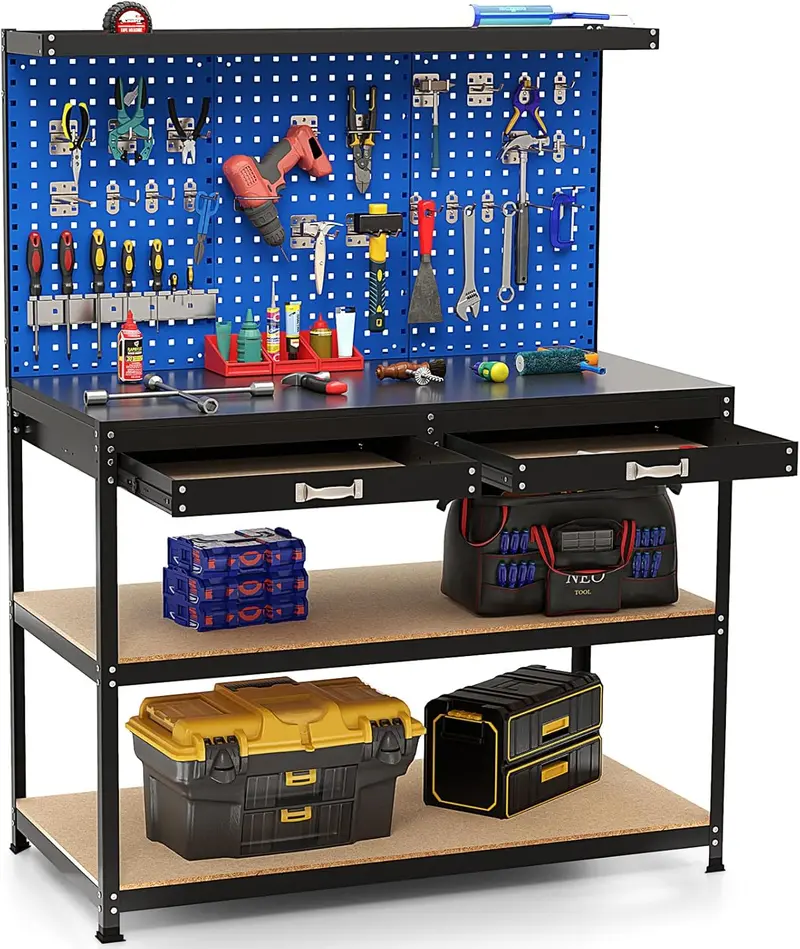 Modular Workbench with Storage, 48" x 24" Heavy-Duty Work Table Featuring Drawer, Pegboard & Accessory Hooks