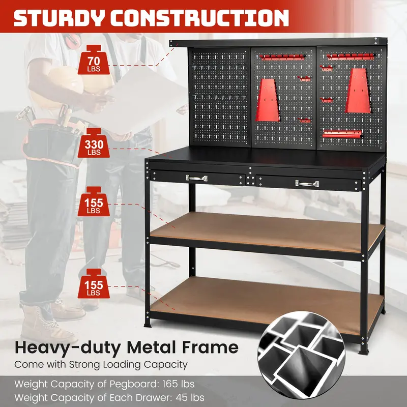 Modular Workbench with Storage, 48" x 24" Heavy-Duty Work Table Featuring Drawer, Pegboard & Accessory Hooks