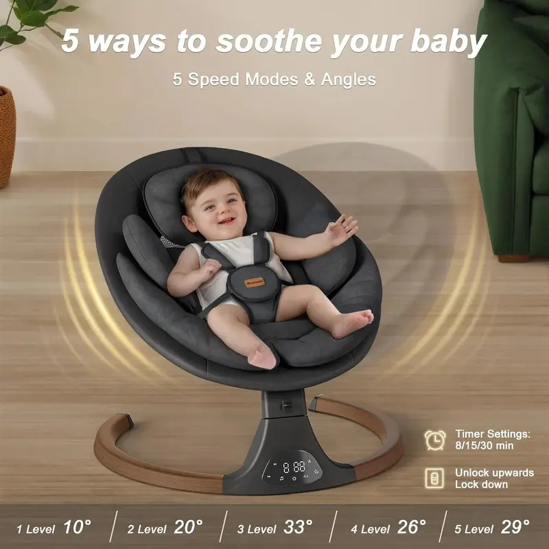 Monamii Bluetooth Baby Swing – 5-Speed Infant Rocker with Wireless Remote & Integrated Speaker