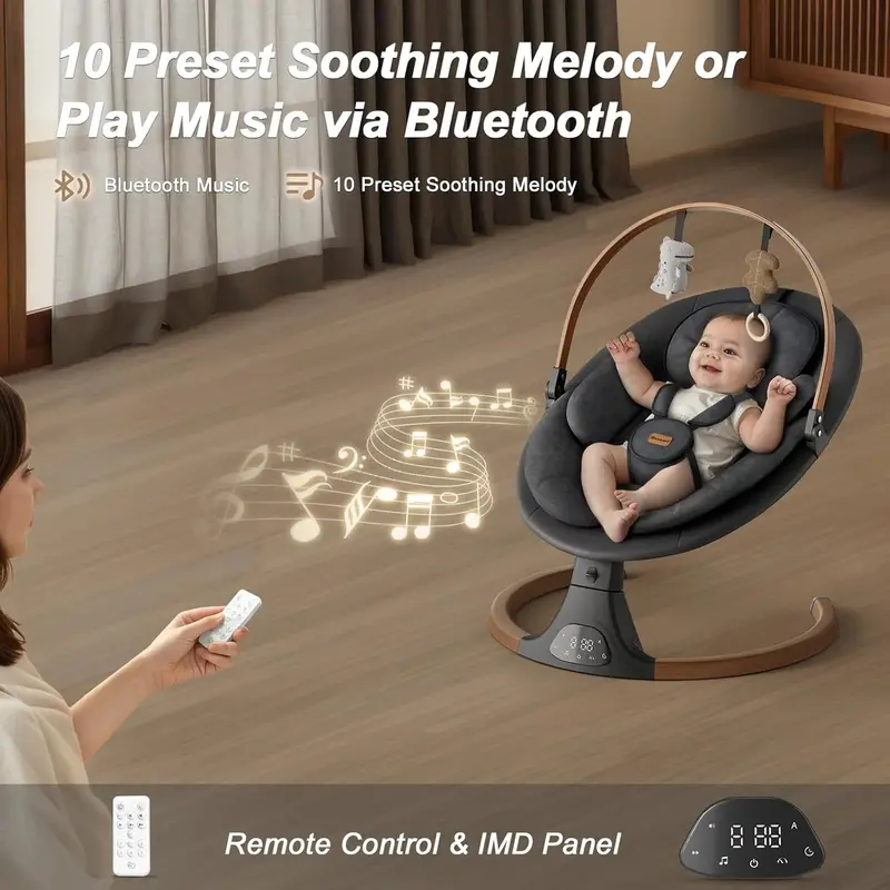 Monamii Bluetooth Baby Swing – 5-Speed Infant Rocker with Wireless Remote & Integrated Speaker
