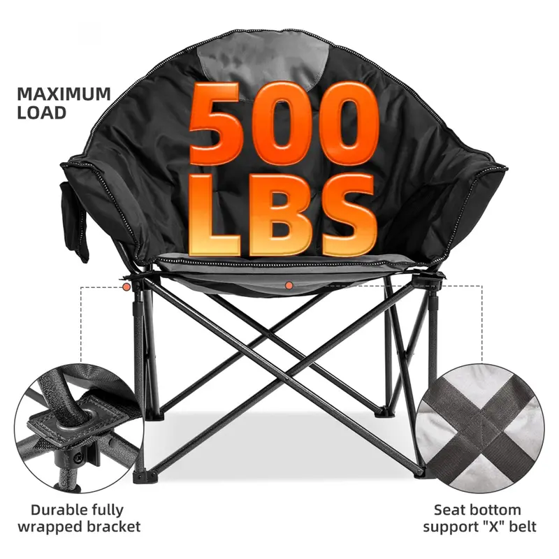 Moon Saucer Camping Chair – Extra-Large 500-Lb Capacity Foldable Seat with Cup Holder, Storage Pocket & Carry Bag