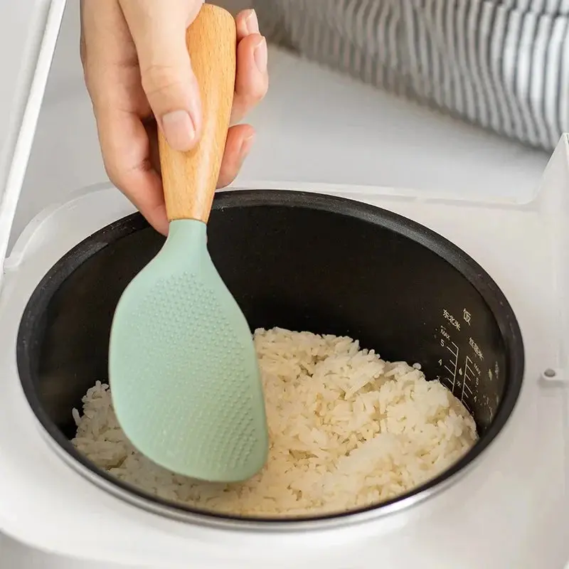 Morve Silicone Rice Spoon – Ergonomic Paddle with Natural Wood Handle, Non-Stick & Heat-Safe for Daily Cooking