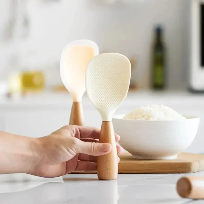 Morve Silicone Rice Spoon – Ergonomic Paddle with Natural Wood Handle, Non-Stick & Heat-Safe for Daily Cooking