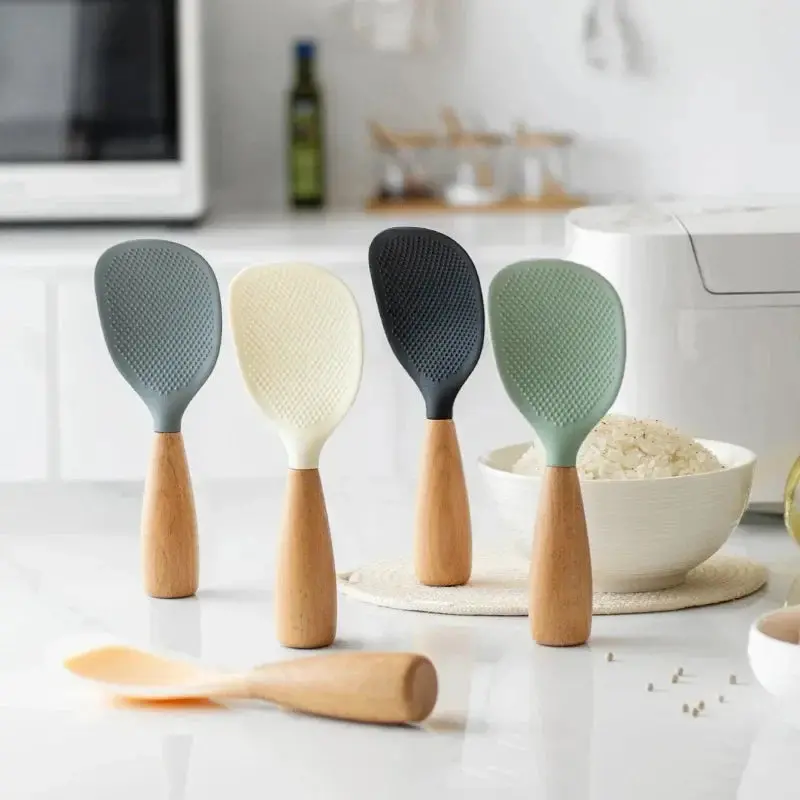 Morve Silicone Rice Spoon – Ergonomic Paddle with Natural Wood Handle, Non-Stick & Heat-Safe for Daily Cooking