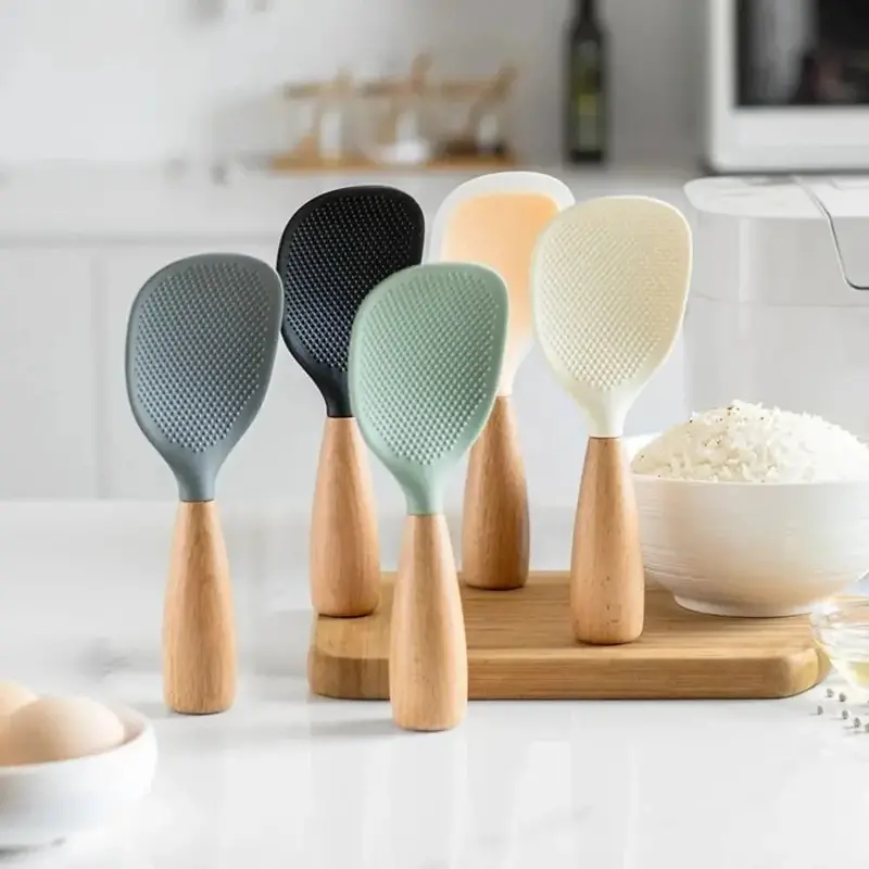 Morve Silicone Rice Spoon – Ergonomic Paddle with Natural Wood Handle, Non-Stick & Heat-Safe for Daily Cooking