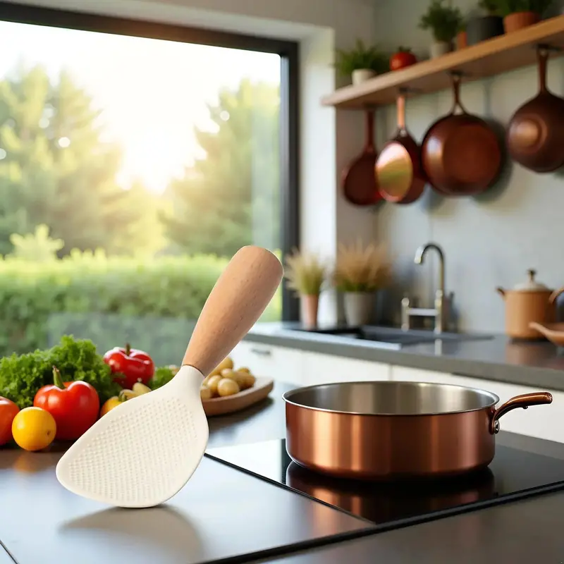 Morve Silicone Rice Spoon – Ergonomic Paddle with Natural Wood Handle, Non-Stick & Heat-Safe for Daily Cooking