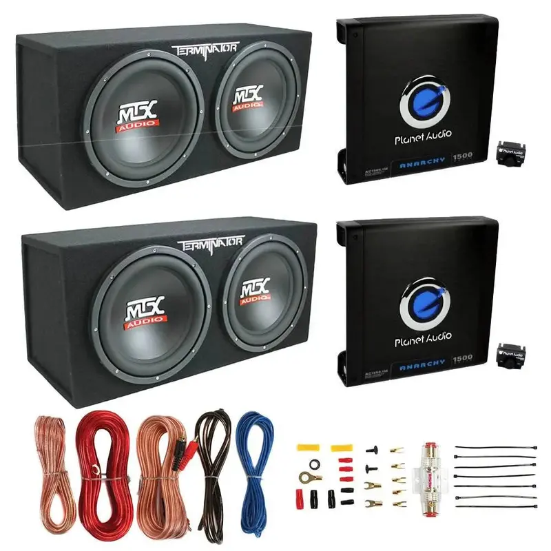 MTX TNE212D 12-Inch Subwoofer Pair with Matching Monoblock Amplifier Duo and Complete Wiring Kit