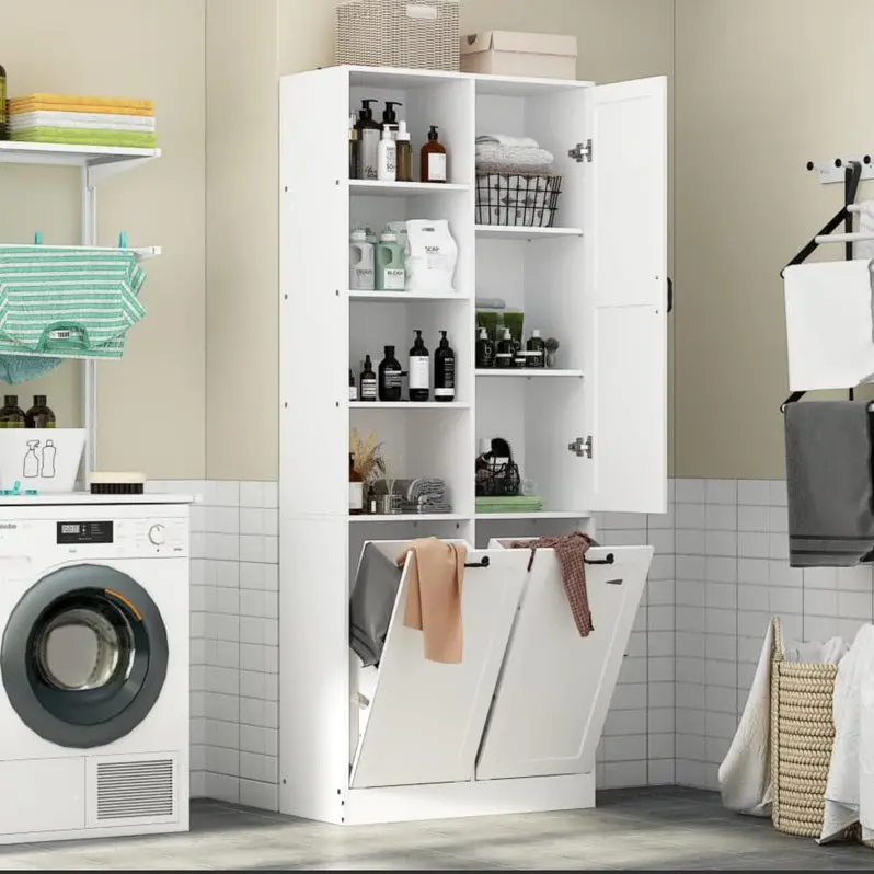 Multi-Functional Storage Cabinet with Integrated Laundry Basket & Display Shelving