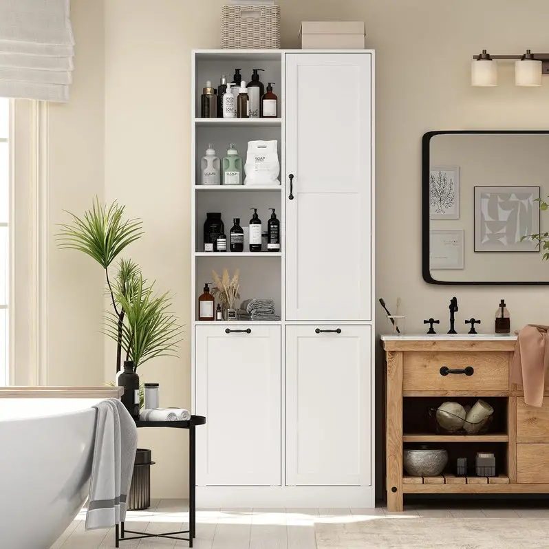 Multi-Functional Storage Cabinet with Integrated Laundry Basket & Display Shelving