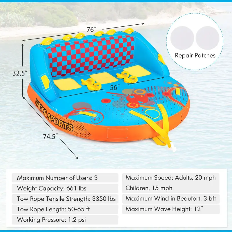 Multi-Rider Inflatable Towable Tube – Durable Water Sport Pull Toy for 1–3 People