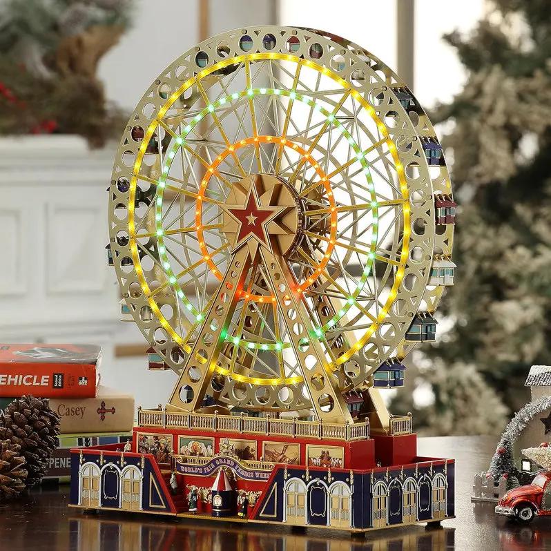 Musical Ferris Wheel & Carousel Christmas Decor – Animated Indoor Holiday Display Set (12" & 15")