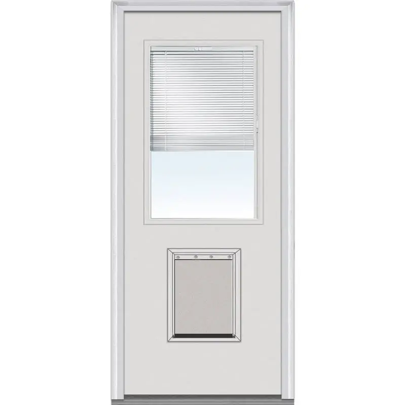 National Door Company Steel Exterior Entry Door – 32x80", Primed, Half-Lite with Internal Blinds & Integrated Pet Door, Right-Hand Inswing
