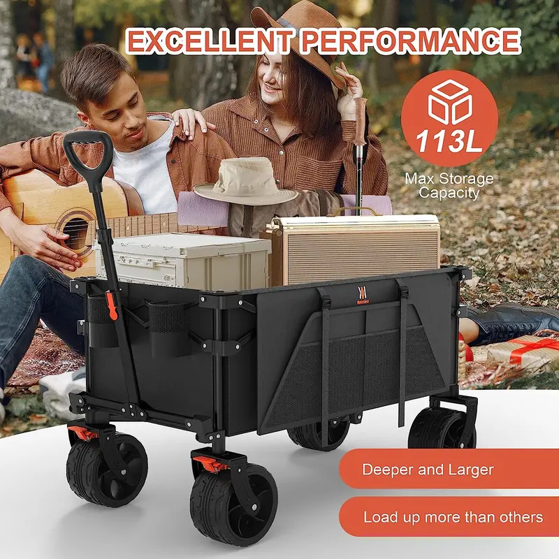 Navatiee Heavy-Duty Collapsible Wagon – Foldable Utility Cart with Brakes, Side Pocket & Large Wheels