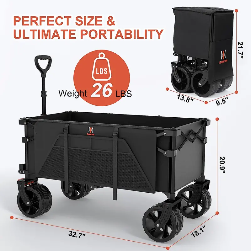 Navatiee Heavy-Duty Collapsible Wagon – Foldable Utility Cart with Brakes, Side Pocket & Large Wheels