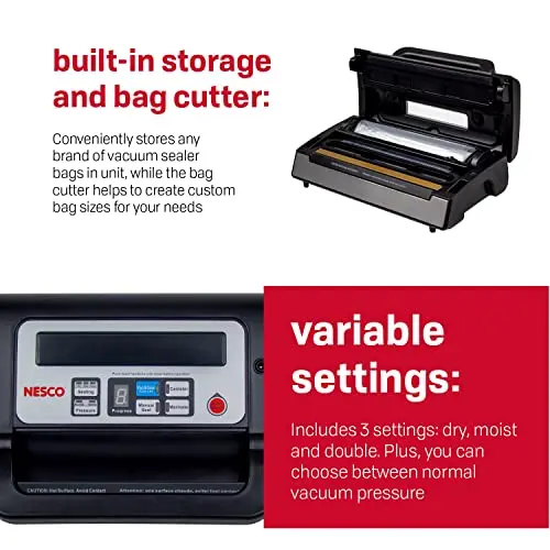 Nesco VS-12 Deluxe Vacuum Sealer – 130W, Viewing Lid, Includes Starter Bag Roll