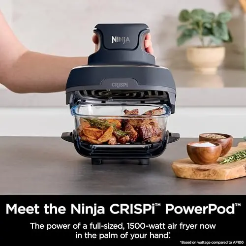 Ninja Crispi Glass Air Fryer – 4-Quart + 6-Cup Dual Cooking System with Dishwasher-Safe Containers and Multiple Functions