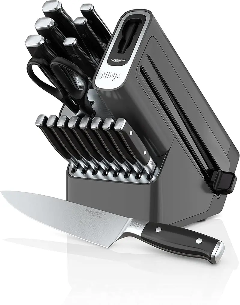 Ninja K32017 Foodi NeverDull 17-Piece Knife Block Set with Built-in Sharpener – Stainless Steel Blades, Black Acrylic Stand