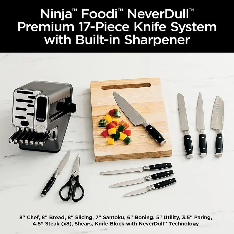 Ninja K32017 Foodi NeverDull 17-Piece Knife Block Set with Built-in Sharpener – Stainless Steel Blades, Black Acrylic Stand