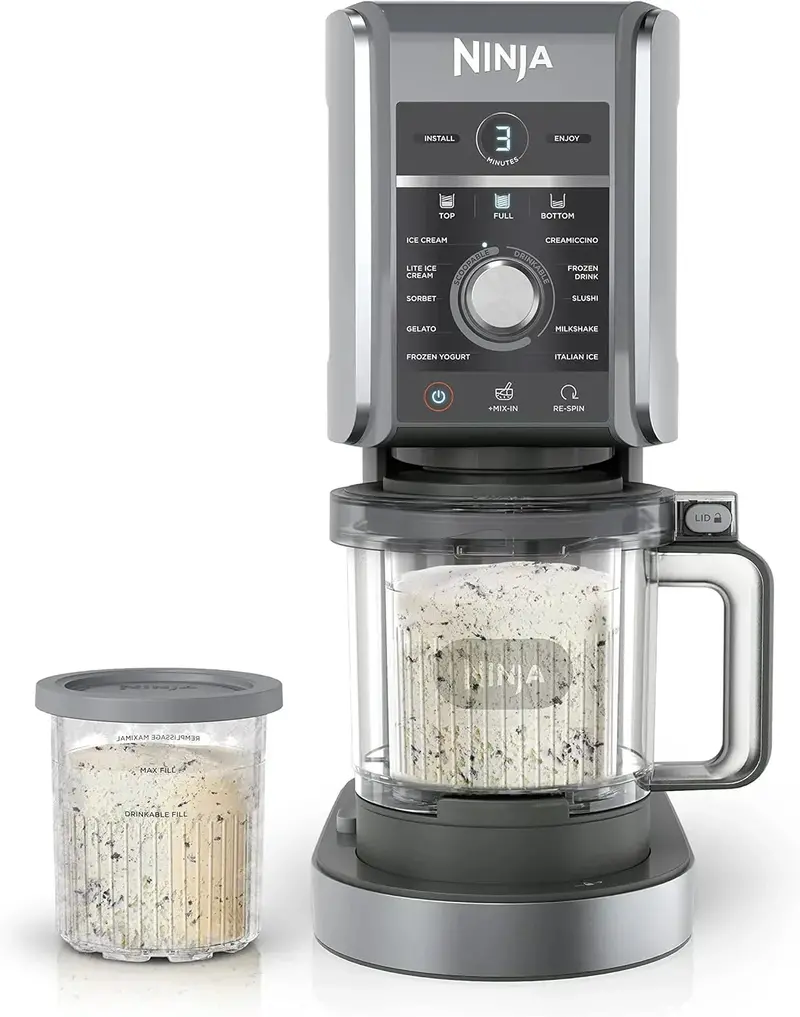 Ninja NC301 CREAMi Ice Cream Maker – 7 One-Touch Programs for Gelato, Sorbet, Milkshakes & Smoothie Bowls, Includes 2 Pint Containers, Silver
