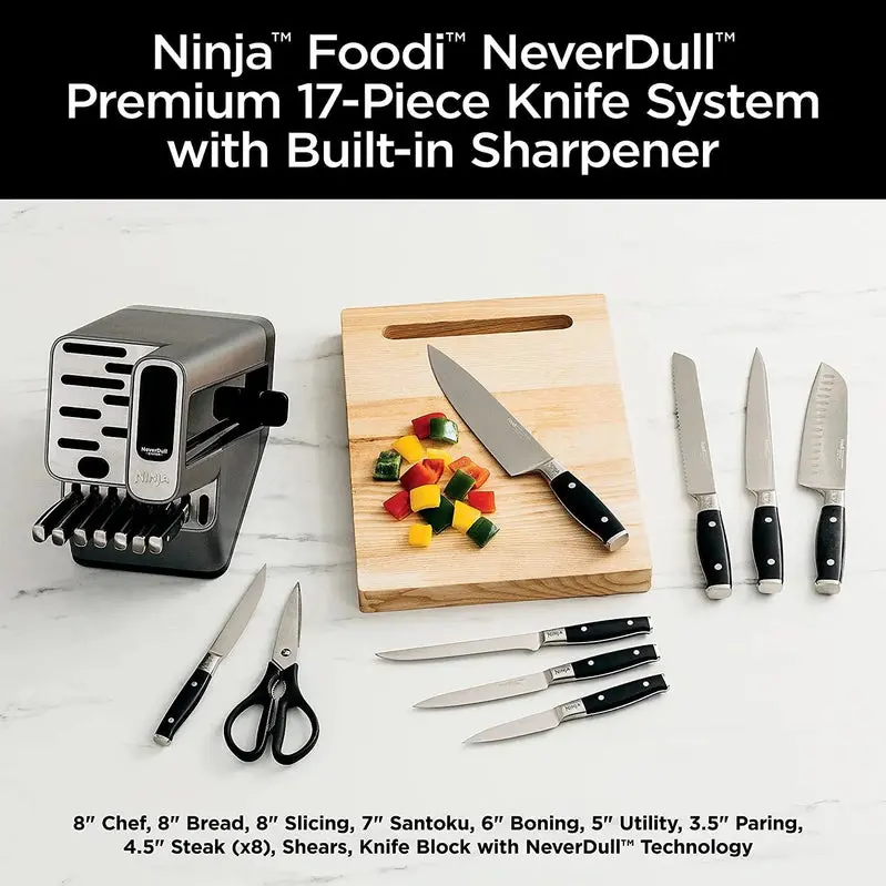 Ninja NeverDull Premium 17-Piece Knife System – Self-Sharpening Block, Ergonomic Handles, Stainless Steel/Black Finish