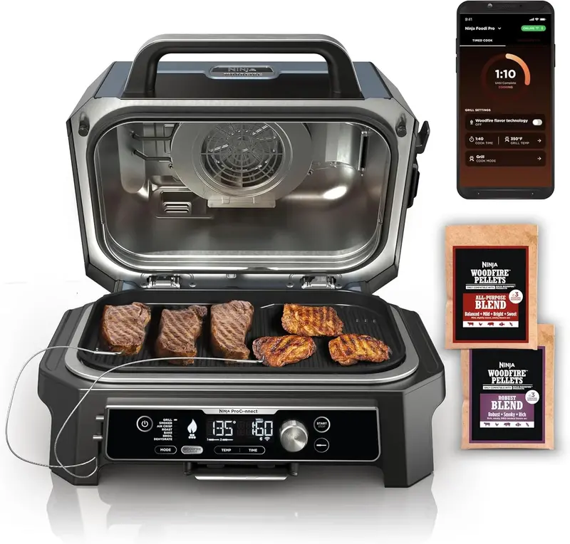 Ninja Woodfire Pro XL Outdoor Grill & Smoker – 4-in-1 Electric Grill, Smoker, Air Fryer, and Baking Oven with Built-in Thermometer, Dark Grey (OG850)