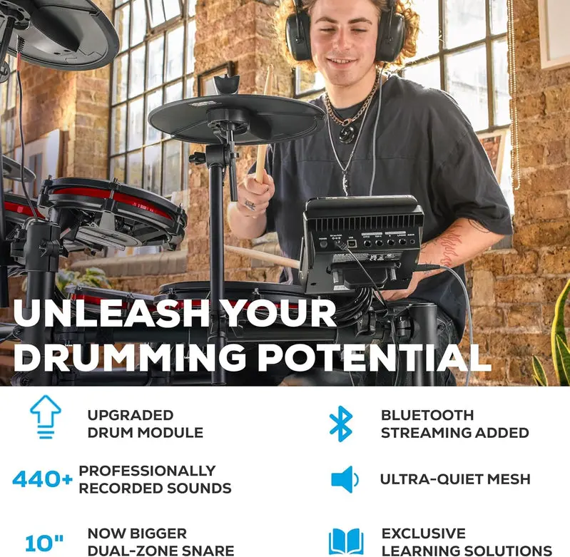 Nitro Max Bluetooth Electric Drum Kit – Mesh Head Pads, Wireless Connectivity, Full-Size Electronic Drum Set