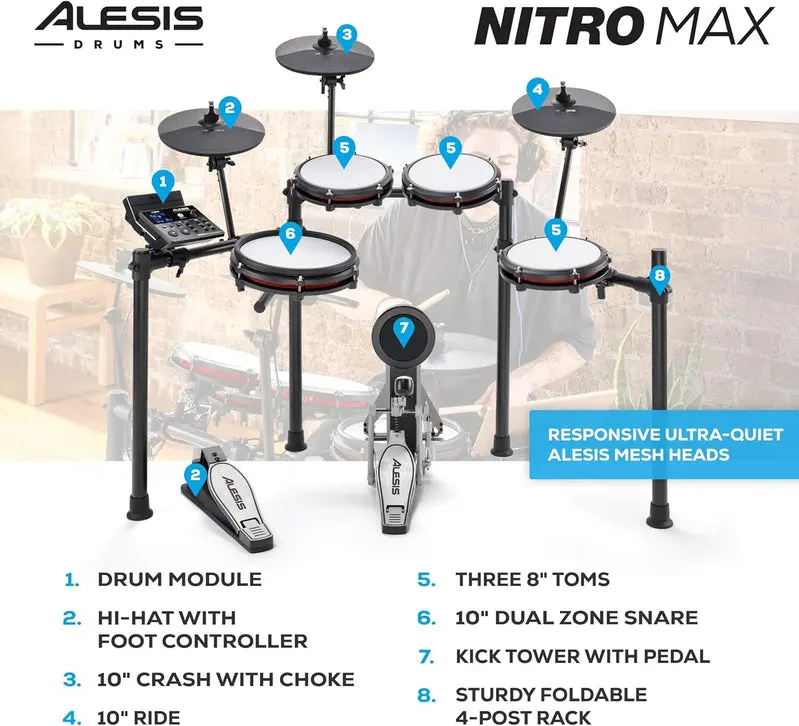 Nitro Max Bluetooth Electric Drum Kit – Mesh Head Pads, Wireless Connectivity, Full-Size Electronic Drum Set