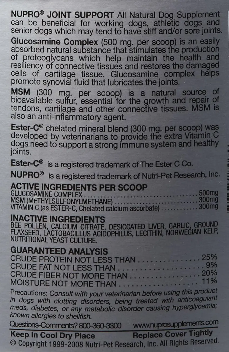 Nupro Joint Support Supplement for Dogs – 20 lb Powder Formula with Glucosamine, Chondroitin & MSM for Mobility & Cartilage Health