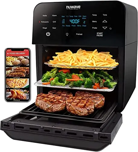 Nuwave Brio Air Fryer Oven – 15.5 Qt X-Large Capacity, Rotisserie Kit, Grill/Griddle Plate, 1800W Smart Thermometer, Black