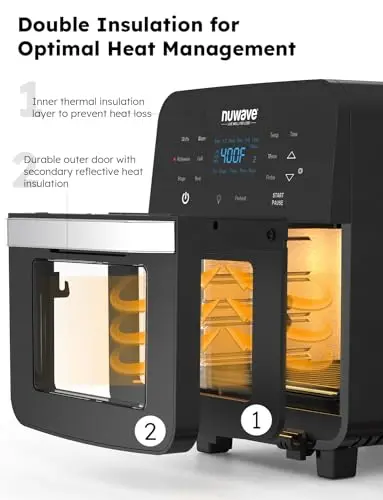 Nuwave Brio Air Fryer Oven – 15.5 Qt X-Large Capacity, Rotisserie Kit, Grill/Griddle Plate, 1800W Smart Thermometer, Black