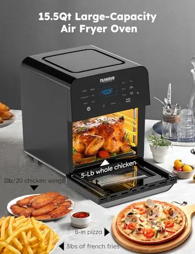 Nuwave Brio Air Fryer Oven – 15.5 Qt X-Large Capacity, Rotisserie Kit, Grill/Griddle Plate, 1800W Smart Thermometer, Black