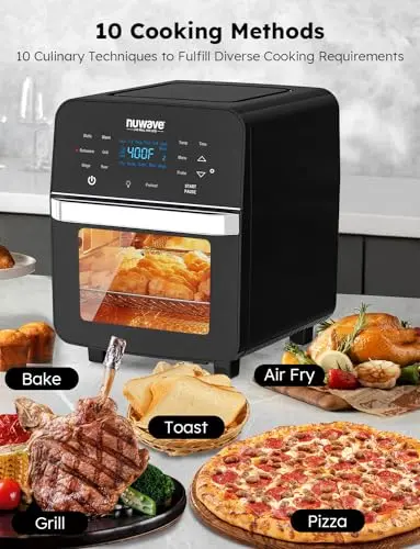 Nuwave Brio Air Fryer Oven – 15.5 Qt X-Large Capacity, Rotisserie Kit, Grill/Griddle Plate, 1800W Smart Thermometer, Black