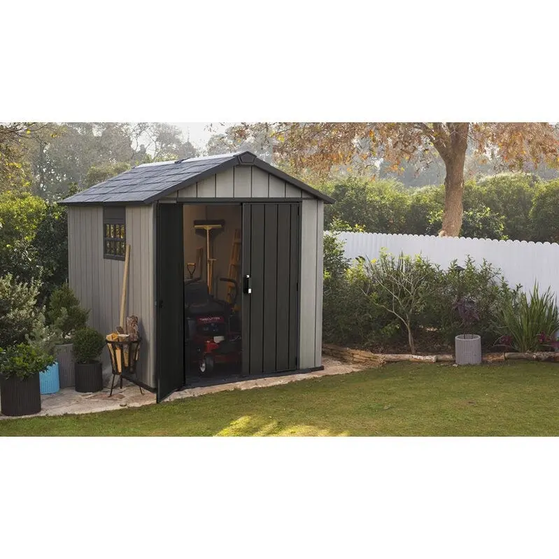 Oakland 7' x 7' Rustic Wooden Storage Shed – Worn Texture Finish, Victorian Window, High-Ceiling Design